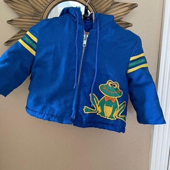 Kids Vintage 80’s Embroidered Frog Blue Hooded Fur lined Zip up Coat 12 mths - Picture 11 of 11